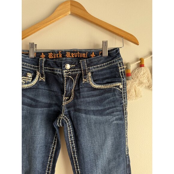 Rock Revival Sherry Bootcut Low Rise Embellish Rhinestone Dark Wash Jeans Y2k 25 - Picture 4 of 9